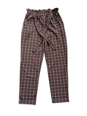 Soho Apparel Brown White Grid Plaid Paperbag Waist Tie Pants Size L
